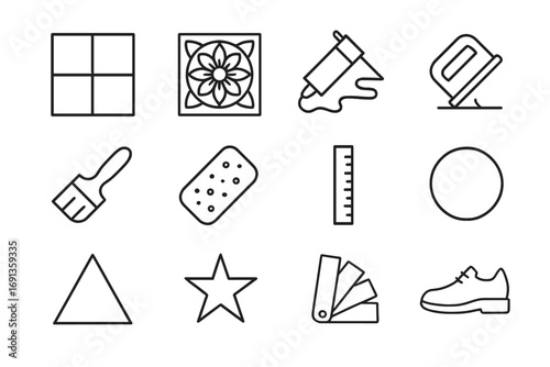 Artistic Tile Icon Set. Outline icon set of artistic floor tiles: square tile, mandala design, adhesive, grout