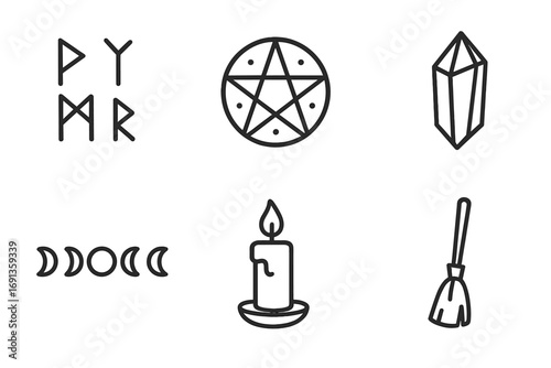 Mystic Symbols Icons. Outline icon set of mystic symbols: runes, magic circle, crystal, alchemy flask, candle flame, moon phases,