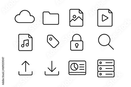 Digital Asset Icons. Outline icon set of digital asset management: cloud storage, folder, image file, video