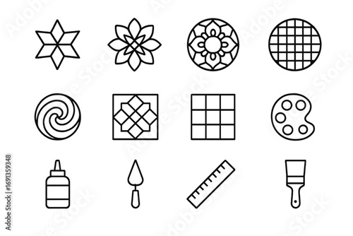 Cultural Mosaic Icon Set. Outline icon set of cultural mosaic patterns: star, flower, mandala, circle, swirl,