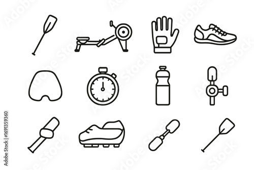 Rowing Equipment Icons. Outline icon set of rowing equipment: paddle, rowing machine, gloves, shoes, seat,