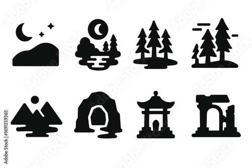 Mystical Icons Grid. Solid, filled icon set of mystical landscapes: moonlit hill, lake reflection, foggy forest, mountain ridge,