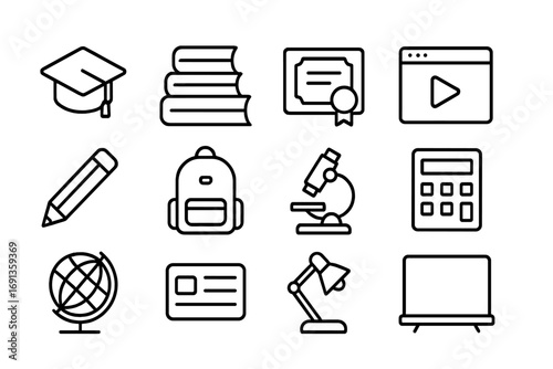 Education Icon Set. Outline icon set of Education & lifelong learning: graduation cap, book stack, certificate, online course
