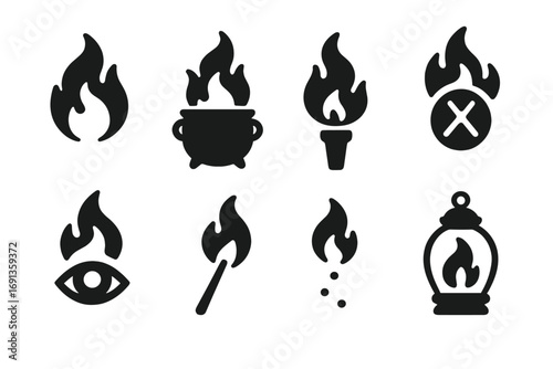 Mystical Fire Icons. Solid, filled icon set of witch fire: enchanted flame, cauldron blaze, spell torch, burning sigil, flame eye,