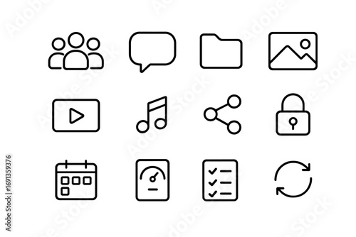 Team Collaboration Icons. Outline icon set of team collaboration on assets: people group, chat bubble, folder,