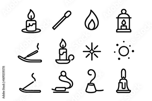 Candlelight Icon Set. Outline icon set of lighting a candle and enjoying the ambiance: candle, matchstick,