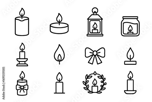 Candle Decoration Icons. Outline icon set of candle decorations: pillar candle, tealight, lantern, jar, holder