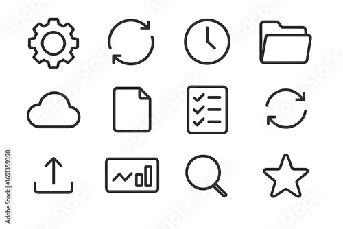 Workflow Automation Icons. Outline icon set of workflow automation: gear, arrow cycle, clock, folder, cloud,