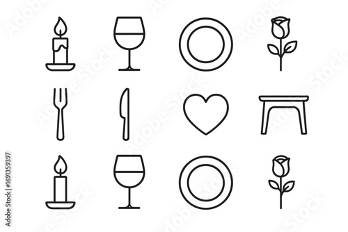 Romantic Dinner Icons. Outline icon set of romantic candlelight dinners: candle, wine glass, plate, rose, fork