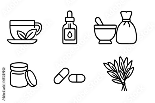 Natural Remedy Icons. Outline icon set of natural remedy preparations: herbal tea, tincture bottle, mortar and pestle, compress,