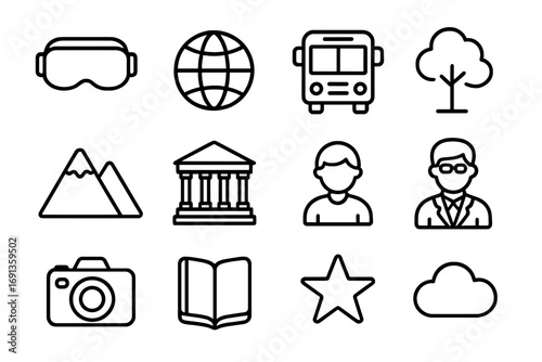 Virtual Field Trip Icons. Outline icon set of virtual field trips: VR headset, globe, bus, tree, mountain,