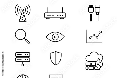 Network Icons Grid. Outline icon set of network monitoring: signal tower, router, cable, magnifying glass, eye