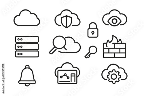 Cloud Security Icons. Outline icon set of cloud security monitoring: cloud, shield, lock, eye, server,