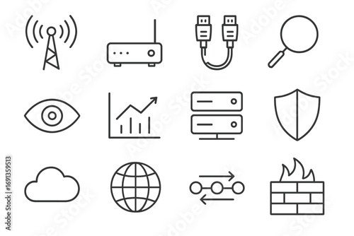 Network Icons Grid. Outline icon set of network monitoring: signal tower, router, cable, magnifying glass, eye