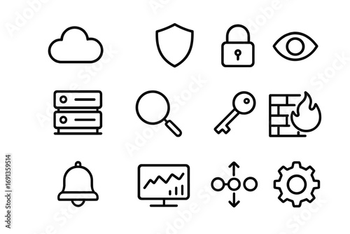 Cloud Security Icons. Outline icon set of cloud security monitoring: cloud, shield, lock, eye, server,