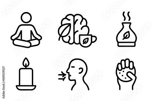 Natural Remedy Icons. Outline icon set of natural remedy mental wellness: meditation pose, brain with leaf, herbal tea, essential