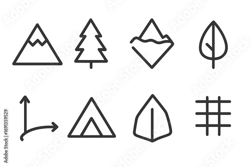 Nature and Geometry Icons. Outline icon set of nature triangles: mountain peak, pine tree silhouette, iceberg, leaf tip, bird beak
