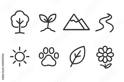 Nature Legacy Icons. Outline icon set of legacy in nature: tree, seedling, mountain, river, sun, animal paw, leaf, flower. Line