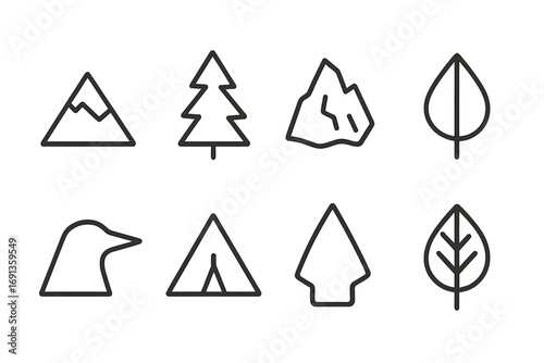 Nature Triangles Icon Set. Outline icon set of nature triangles: mountain peak, pine tree silhouette, iceberg, leaf tip, bird beak