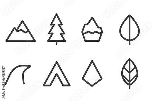 Nature Triangles Icon Set. Outline icon set of nature triangles: mountain peak, pine tree silhouette, iceberg, leaf tip, bird beak