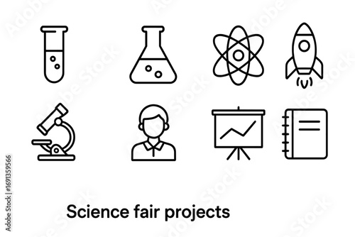 Science Fair Icons. Outline icon set of science fair projects: test tube, flask, atom, rocket, microscope,