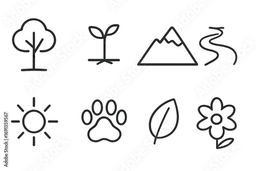Nature Legacy Icons. Outline icon set of legacy in nature: tree, seedling, mountain, river, sun, animal paw, leaf, flower. Line