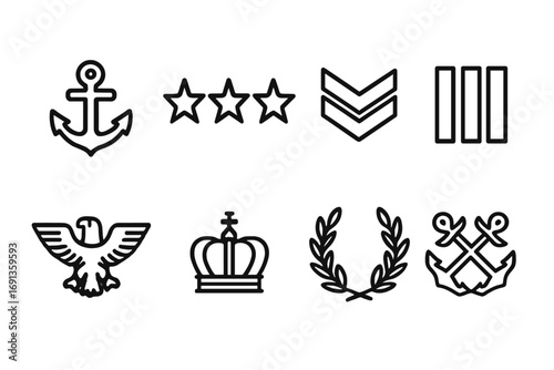 Naval Rank Icons. Outline icon set of naval ranks: anchor, stars, stripes, bars, eagle, crown, wreath, crossed anchors. Line icons
