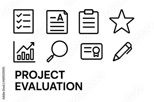Project Evaluation Icons. Outline icon set of project evaluation: checklist, grading paper, clipboard, star,