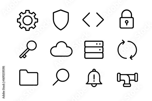 DevSecOps Icon Set. Outline icon set of DevSecOps: gear, shield, code brackets, lock, key, cloud, server,