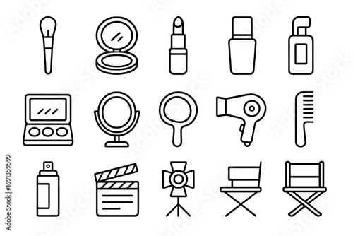 TV Makeup Icon Set. Outline icon set of makeup and styling for TV: makeup brush, powder compact, lipstick,