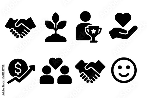 Negotiation Benefits Icons. Solid, filled icon set of negotiation benefits: partnership, growth, success, trust, profit,