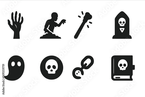 Necromancy Icon Set. Solid, filled icon set of necromantic sorcery: skeletal hand, rising zombie, bone wand, grave glyph, ghost