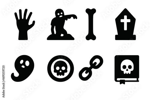 Necromancy Icon Set. Solid, filled icon set of necromantic sorcery: skeletal hand, rising zombie, bone wand, grave glyph, ghost