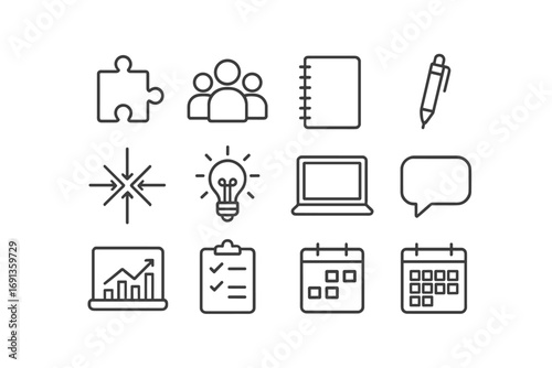 Group Problem Solving Icons. Outline icon set of problem solving in groups: puzzle piece, group of students,