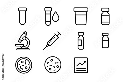 Lab Testing Icons. Outline icon set of lab testing: test tube, blood sample, urine sample, microscope, syringe