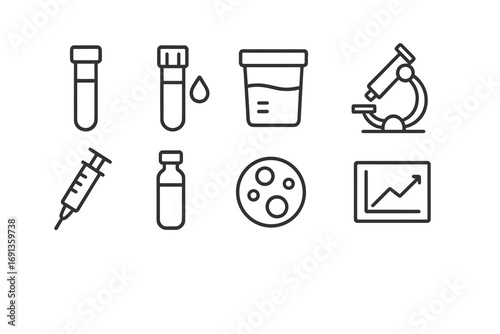 Lab Testing Icons. Outline icon set of lab testing: test tube, blood sample, urine sample, microscope, syringe