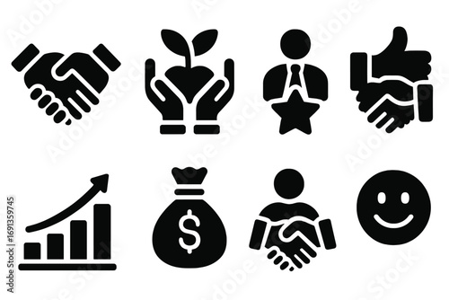 Negotiation Benefits Icons. Solid, filled icon set of negotiation benefits: partnership, growth, success, trust, profit,