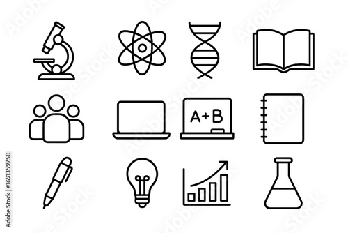 Science Icons Grid. Outline icon set of science study sessions: microscope, atom, DNA strand, open book,