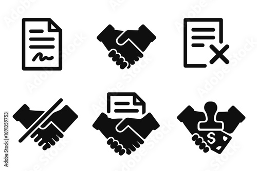 Negotiation Outcome Icons. Solid, filled icon set of negotiation outcomes: signed contract, handshake, rejected proposal,
