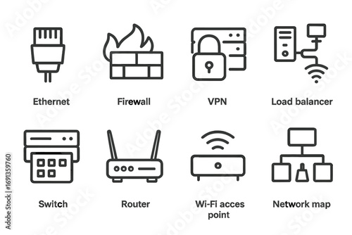 Networking and Keyboard Icons. Outline icon set of server networking: Ethernet cable, firewall, VPN, load balancer, switch, router