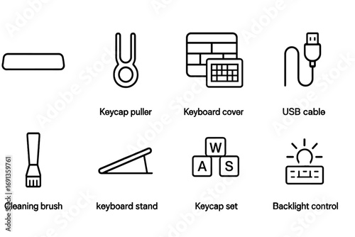 Networking and Keyboard Icons. Outline icon set of server networking: Ethernet cable, firewall, VPN, load balancer, switch, router