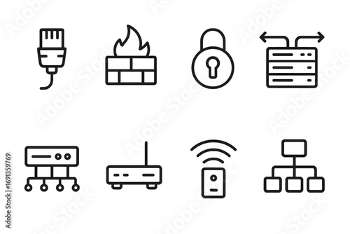 Network Icon Set. Outline icon set of server networking: Ethernet cable, firewall, VPN, load balancer, switch, router, Wi-Fi