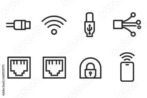 Networking Icons Collection. Outline icon set of router connections: Ethernet cable, Wi-Fi signal, USB connection, fiber optic