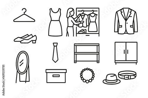 Wardrobe Icon Set. Outline icon set of a stylist organizing clothing in a stylish closet: hanger, dress, suit,