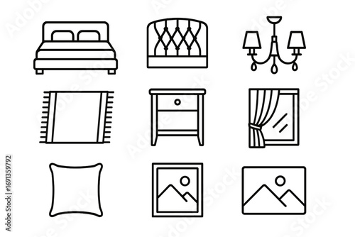 Luxury Bedroom Icons. Outline icon set of luxury bedroom decor: king-size bed, velvet headboard, rug, bedside