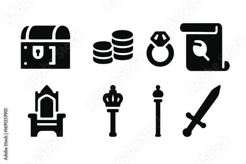 Noble Possessions Icon Set. Solid, filled icon set of noble possessions: treasure chest, gold coins, jewels, royal seal, parchment