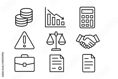 Financial Crisis Icons. Outline icon set of financial crisis leadership: coin stack, chart, calculator,