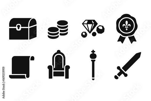 Noble Possessions Icon Set. Solid, filled icon set of noble possessions: treasure chest, gold coins, jewels, royal seal, parchment