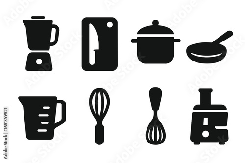 Nourishment Tools Icons. Solid, filled icon set of nourishment kitchen tools: blender, cutting board, knife, pot, pan, measuring