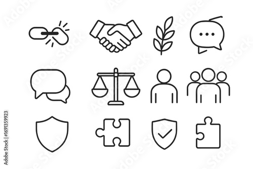 Conflict Resolution Icons. Outline icon set of conflict resolution in crisis: broken chain, handshake, olive
